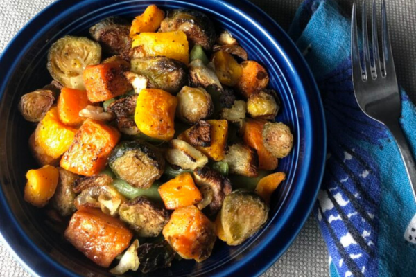 overhead shot of bowl of roasted vegetables