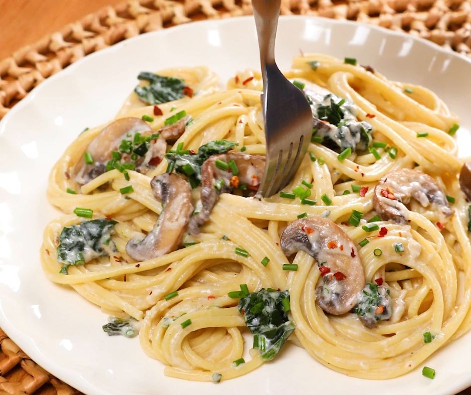 One-Pot Sour Cream and Onion Mushroom Pasta Recipe on a dish