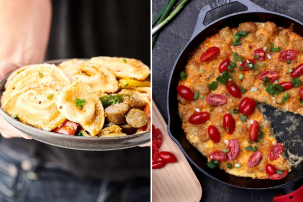 Picture on the left of pierogis on a plate, and a picture on the right of a skillet filled with a potato hash