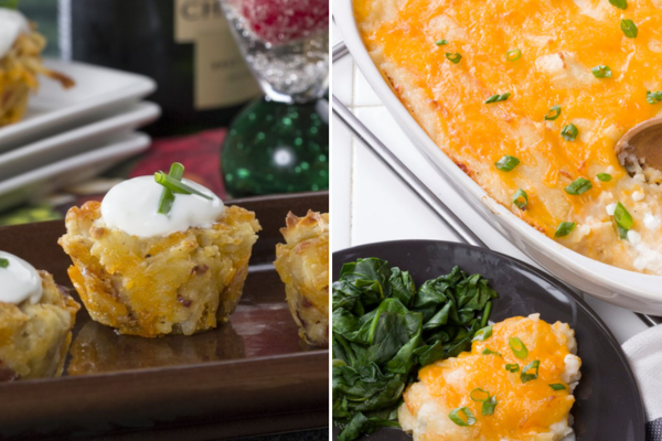 two images, one on the left of a small appetizer bite, and one on the right featuring a baking dish filled with cheesy mashed potatoes