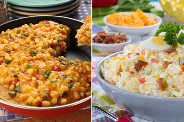 Two images, one of a skillet filled with a hash, and another of a bowl filled with potato salad