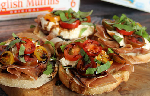 Prosciutto & Burrata Cheese Caprese on English muffins