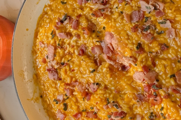 Close up of a bowl of pumpkin risotto