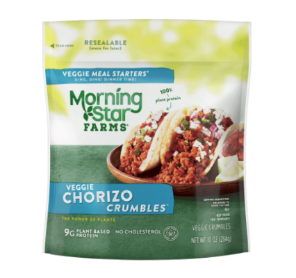Bag of Vegetarian chorizo crumbles by the brand Morningstar
