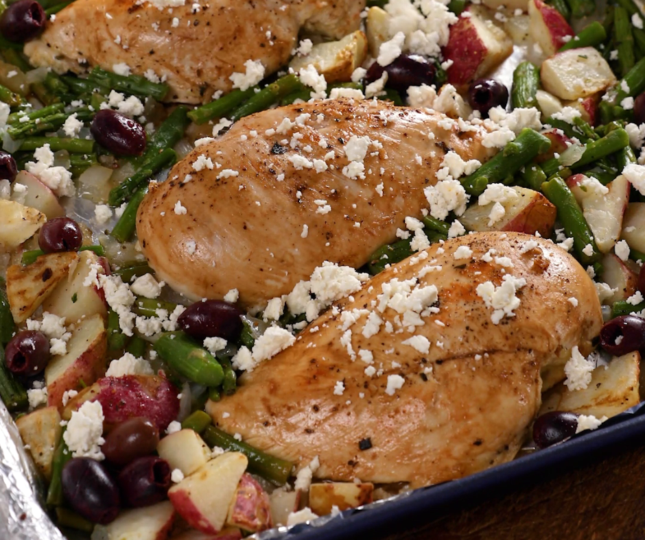 roasted chicken and vegetables on a pan