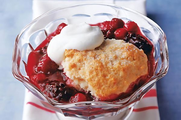 Southern Berry Cobbler in a glass bowl