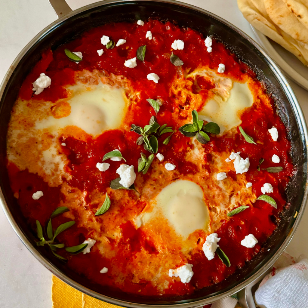 Skillet filled with Spicy shakshuka
