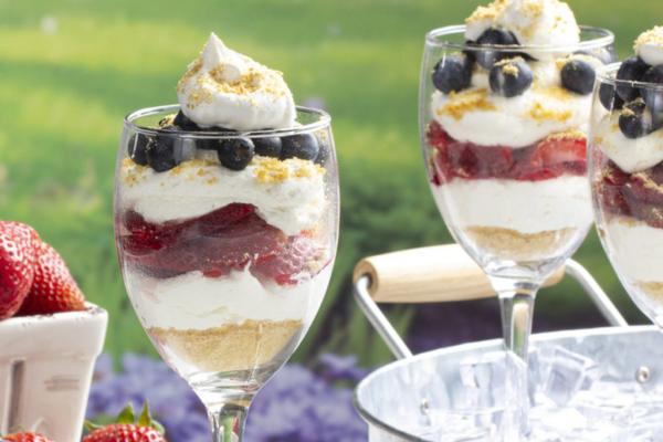 Close up shot of a strawberry and blueberry parfait in a wine glass with grass in the background