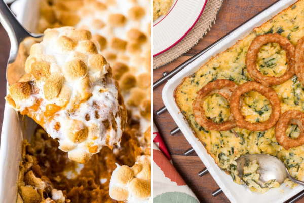 Two images, close up shot of sweet potato casserole being lifted out of a baking dish, and a photo of a casserole with onion rings on top