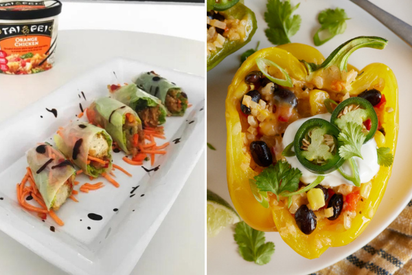 Image on the left of a plate with spring rolls on top and image on the right of a yellow pepper stuffed with filling