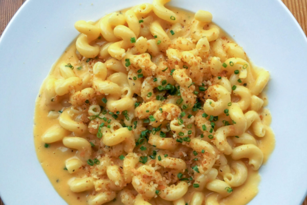 A close up of a bowl of mac and cheese