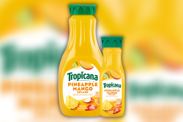 Head-on shot of a large and a small bottle of Tropicana Pineapple Mango Splash side by side
