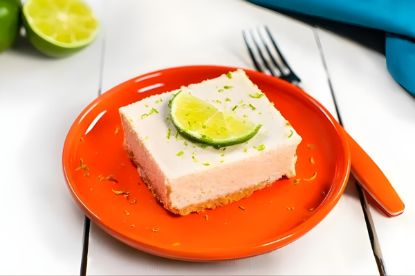 a vegan key lime pie bar on a red plate