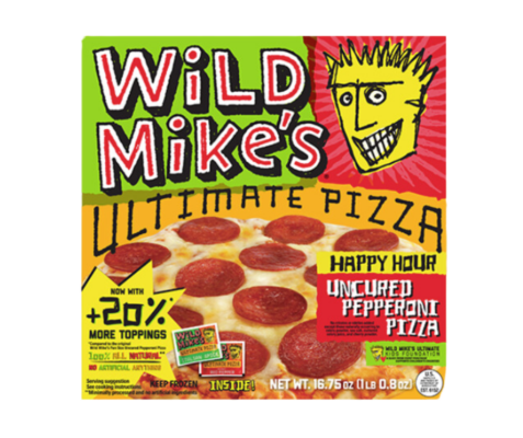 a box of Wild Mike's Happy Hour 4 CHEESE pizza