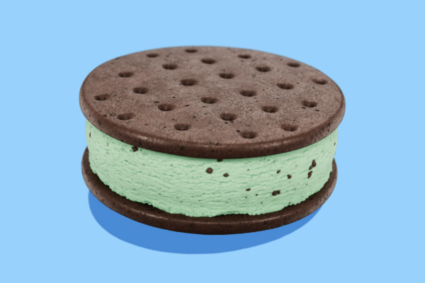 Mint chocolate chip ice cream sandwich against a blue background