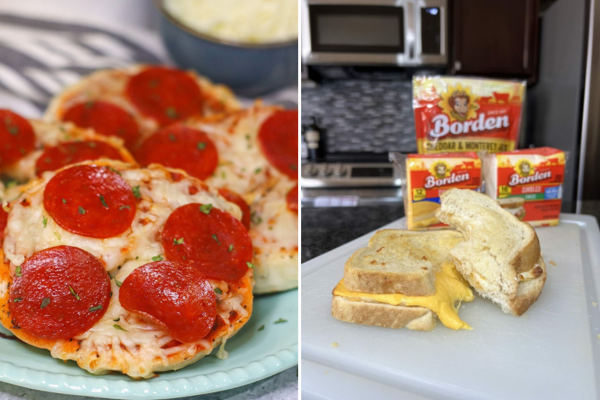 Image on the left of a bagel topped with melted cheese and pepperoni and image on the right of grilled cheese stacked with a bite