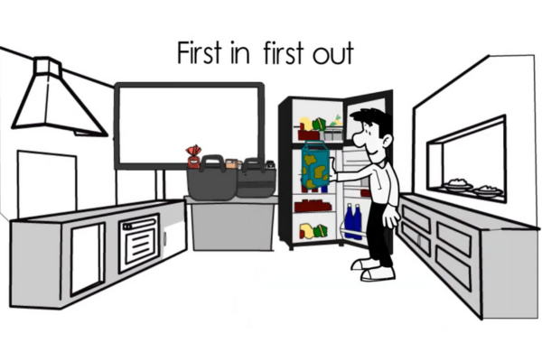 Cartoon of a man putting his groceries into his freezer in his kitchen