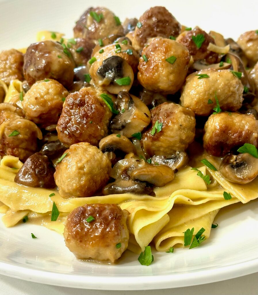 Close up shot of meatball stroganoff