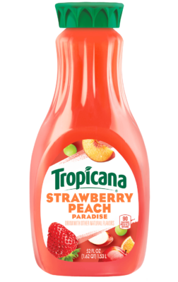 A bottle of Tropicana Strawberry Peach Paradise