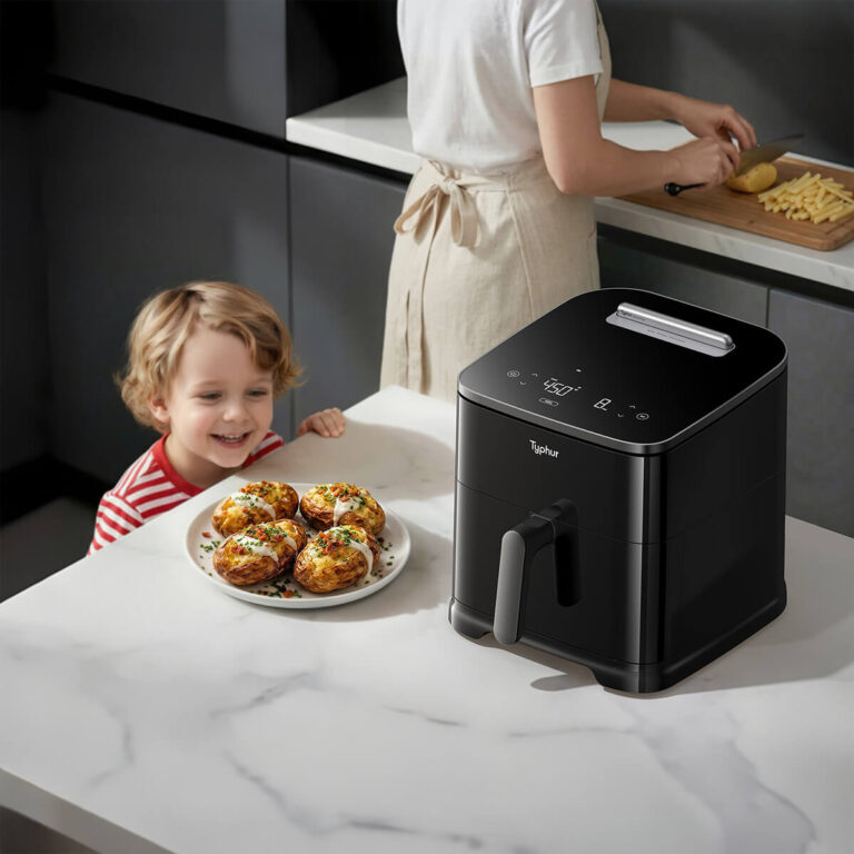 child eating lunch next to Typhur air fryer