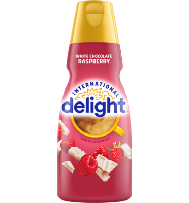 a bottle of white chocolate raspberry international delight coffee creamer